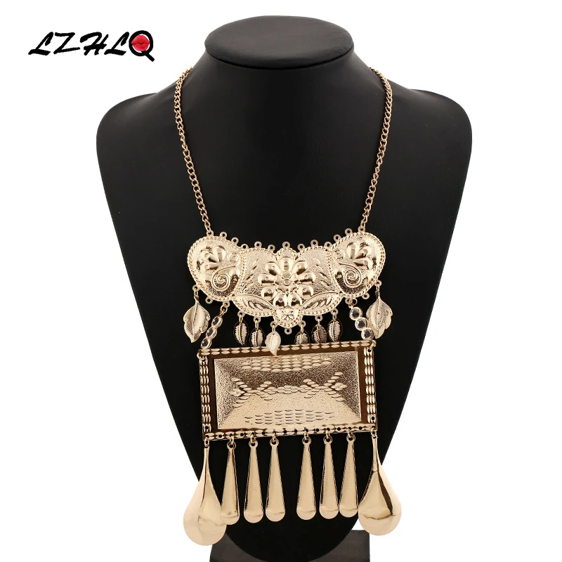 

2019 Women Maxi Vintage Necklaces Metal Leaf Tassel Collars Multilayer Water Drop Pendant Trendy Carving Jewelry Statement