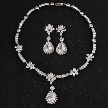 

2016 Bride Set Cubic Zircon Crystal Necklace Earrings For Women Luxury Water Drop Jewelry Sets wedding jewelry