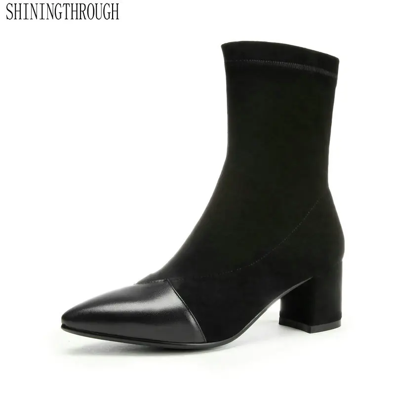 

Genuine Leather Women Ankle Pointed-Toe Boots Spring Autumn Square Heel Women Shoes 4color Ladies Party Dancing Shoes