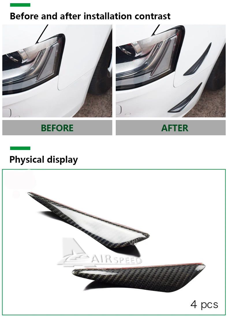 Airspeed for BMW E46 E39 E60 E90 F30 E36 F10 X5 F80 Carbon Fiber Front Bumper Blade Air Spoiler Mouldings Decoration Side Fender (2)