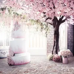 Розовый цветок вишни дерево Крытый свадебная фотография фонов три слоя торт принцесса Обувь для девочек День рождения фото Задний план