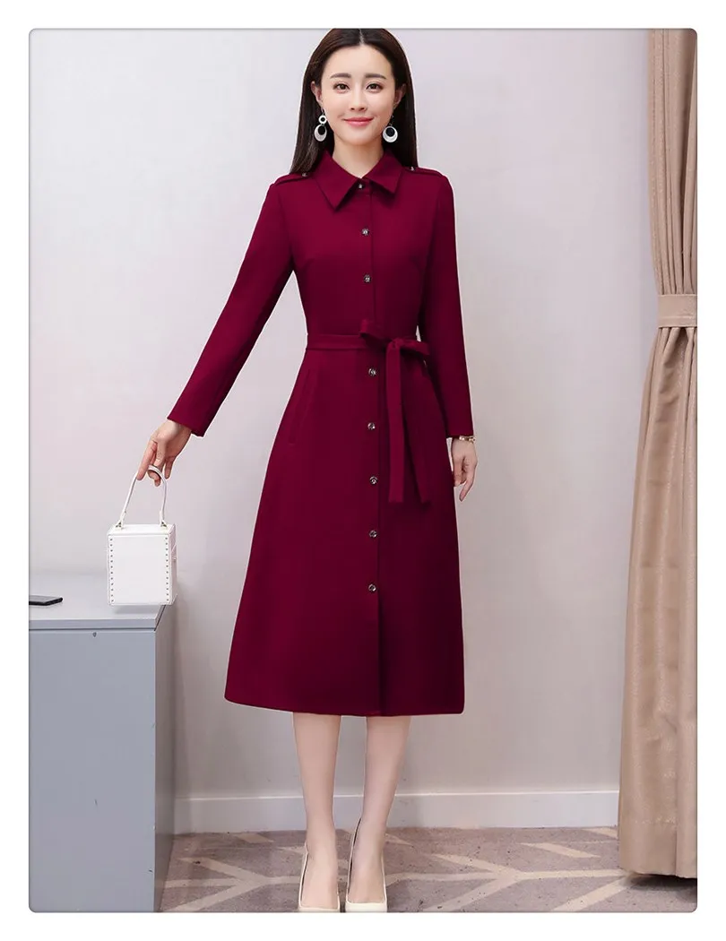 2018 New Spring Autumn Fashion Women Long Sleeve Office Work Slim A-Line Dress Sashes Pocket Turn-down Collar Midi Dresses Dresses
