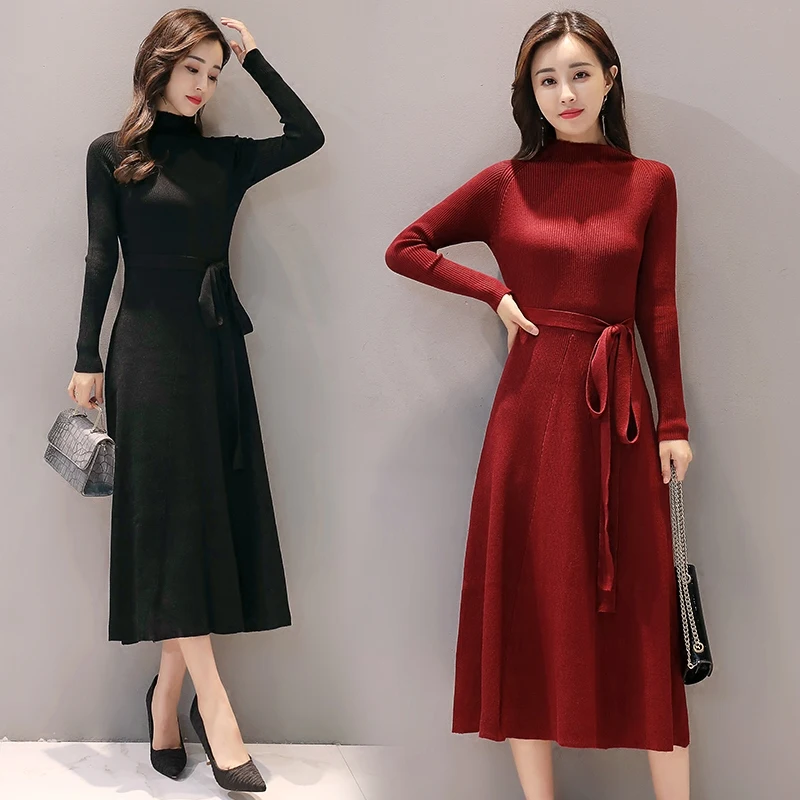 New 2022 Korean  Fashion Slim knitted Sweater Dress  Women 