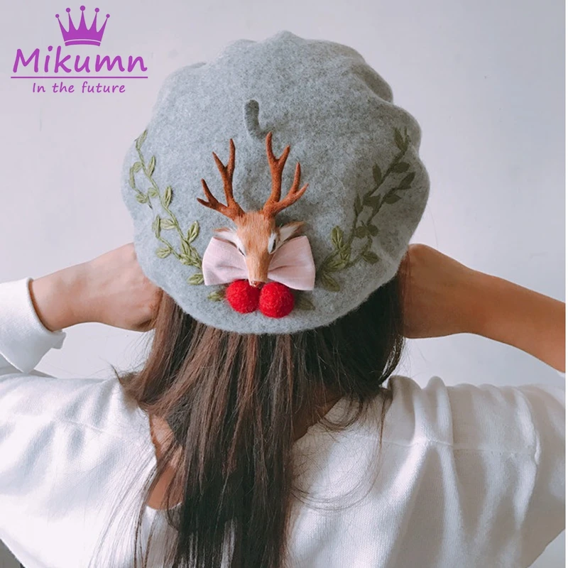 

Japanese Style Mori Girl Lolita Kawaii Sweet Bow Antlers Wool Beret For Women Winter Hat Warm Beret Hats Boina Feminina