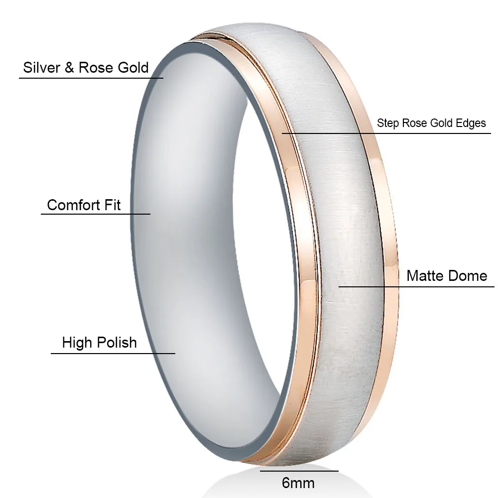 6 мм матовая поверхность обручальные кольца для мужчин и женщин CZ камни серебро& розовое золото-цвет нержавеющая сталь пара влюбленных отрезные ювелирные изделия
