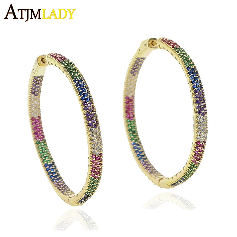 

2019 high quality 50mm big rainbow cz colorful hoop earring for women wedding gorgeous european classic fashion luxury jewelry
