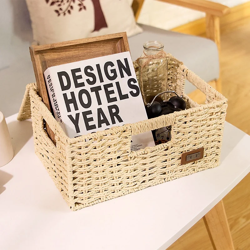 

Rattan basket for storage fake straw woven storage boxes book organizer baskets with lid for snack clothes household