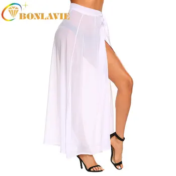

Women Chiffon Skirt Pleated Ankle-Length Beach Skirt Solid Color White Black Split Sexy Skirt One Size Summer Ladies Wear