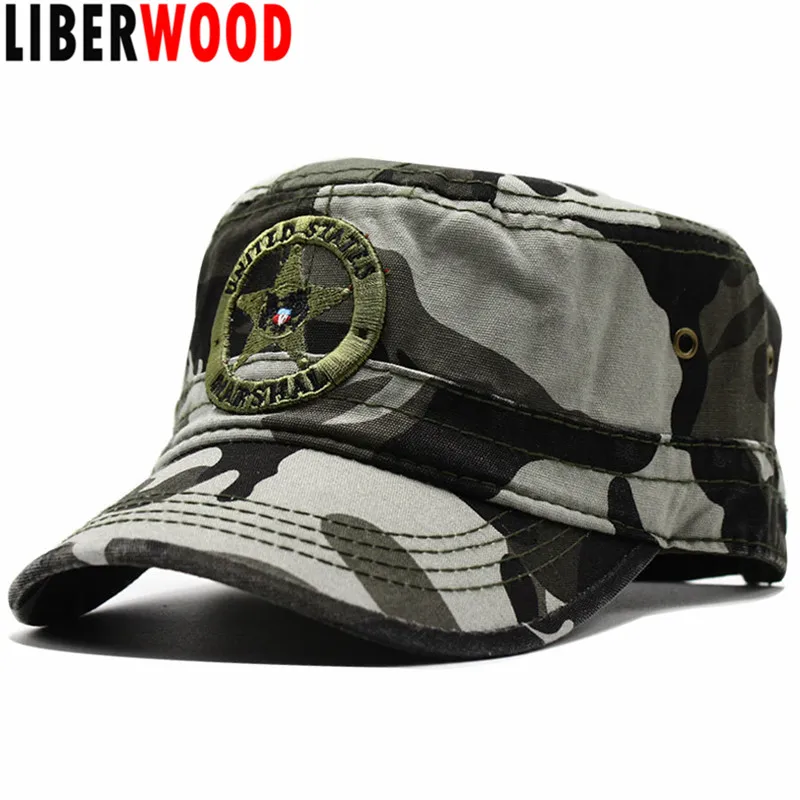 

LIBERWOOD US Marshal Eagle Cotton Flat Top Tactical hat Embroidery United States Marshal Camo Camouflage Cap Men Army Hats