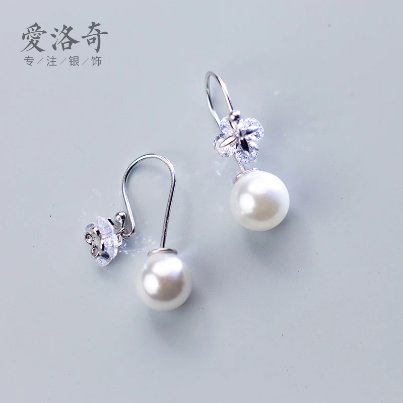 AROCH S925 Серебряные серьги с цветком женские циркониевые четырехлистные из бисера