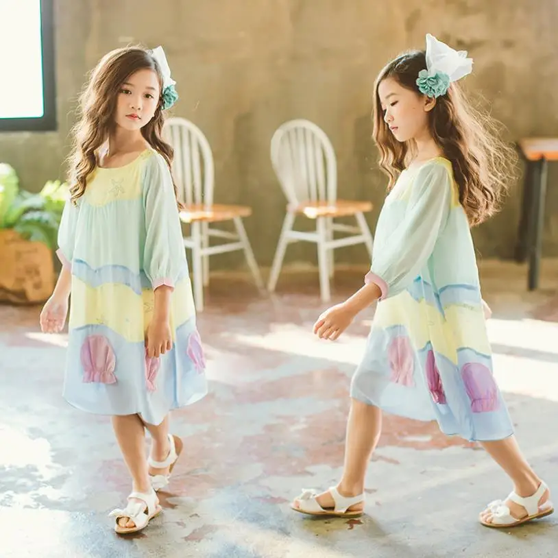 

2019 summer new print Chiffon dress baby girls half sleeve loose thin dress teenage holiday clothes children princess dress w597