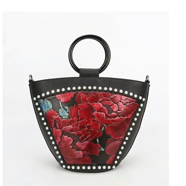 

Embossing Flower Designer Female Shoulder Hobos Bag Genuine Cow Leather Women Imitation Pearl Purse Round Handle Ladies Handbag