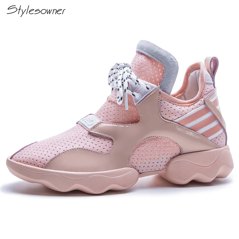 

Stylesowner 2018 Women Fashion Casual Lace Up Sneakers Striped Mesh Breathable Casual Shoes Thick Sole Platform Shoes For Girls