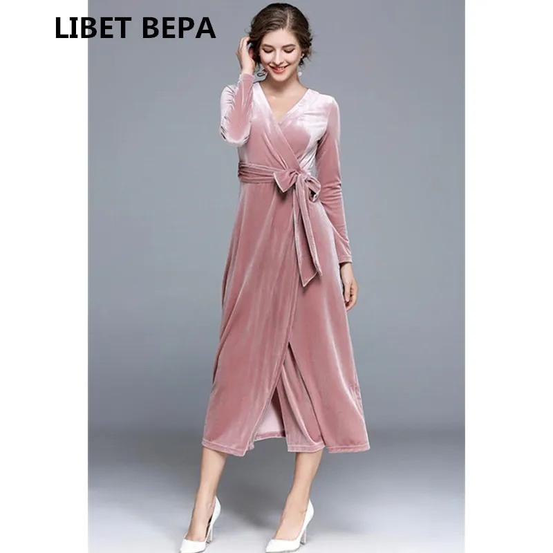 

New 2018 Autumn and winter Evening Party Dresses Pink Velvet Dress Women Sexy Velour Long Dresses With Sashes Vestidos