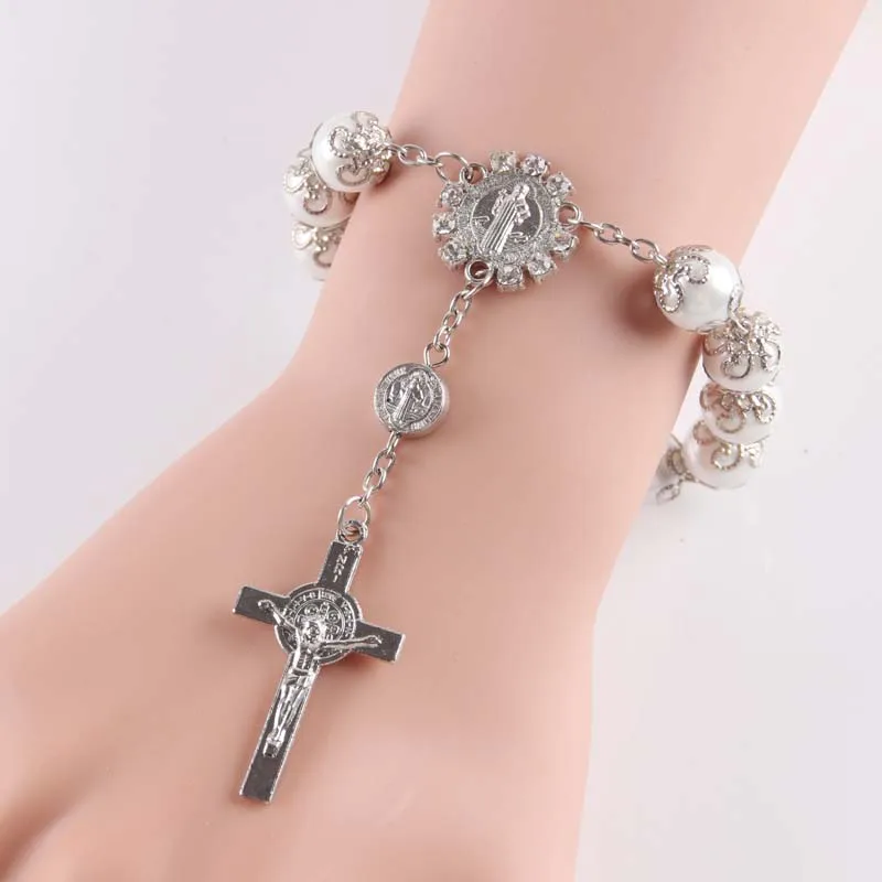 

New Desginer Top Quality Women Accessories glass pearl Bead Bracelet With Cross Pendant catholic Rosary Bracelets 12 pcs/ lot