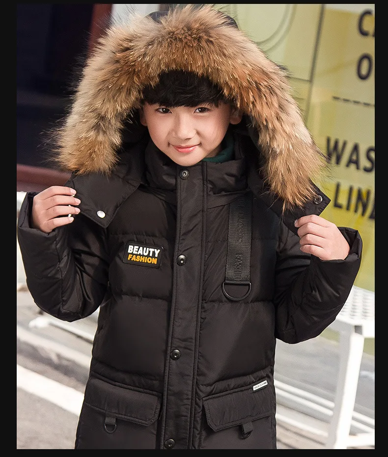 2018 зимние Пуховые парки для мальчиков куртки меховой воротник с капюшоном Верхняя одежда и пальто для мальчиков толстый Теплый пуховик
