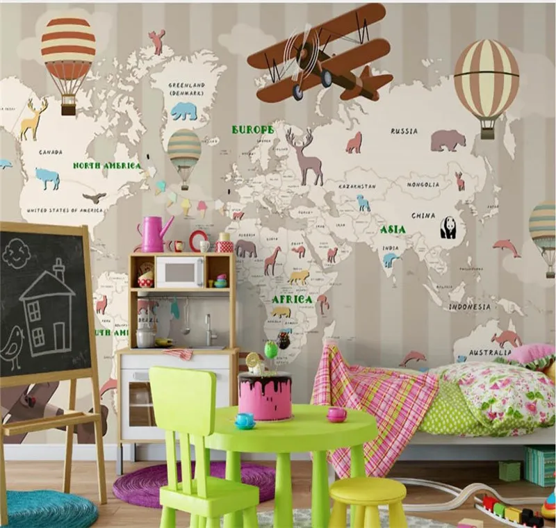 Custom 3d wallpaper hand-painted cartoon children's room map background wall decoration mural silk waterproof material Custom 3d wallpaper hand-painted cartoon children's room map background wall decoration mural silk waterproof material