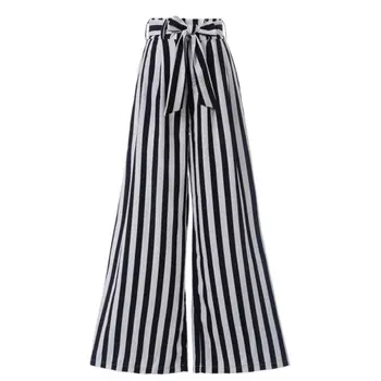

2018 New Summer Women Casual High Waist Drawstring Striped Wide Leg Long Pants Trousers