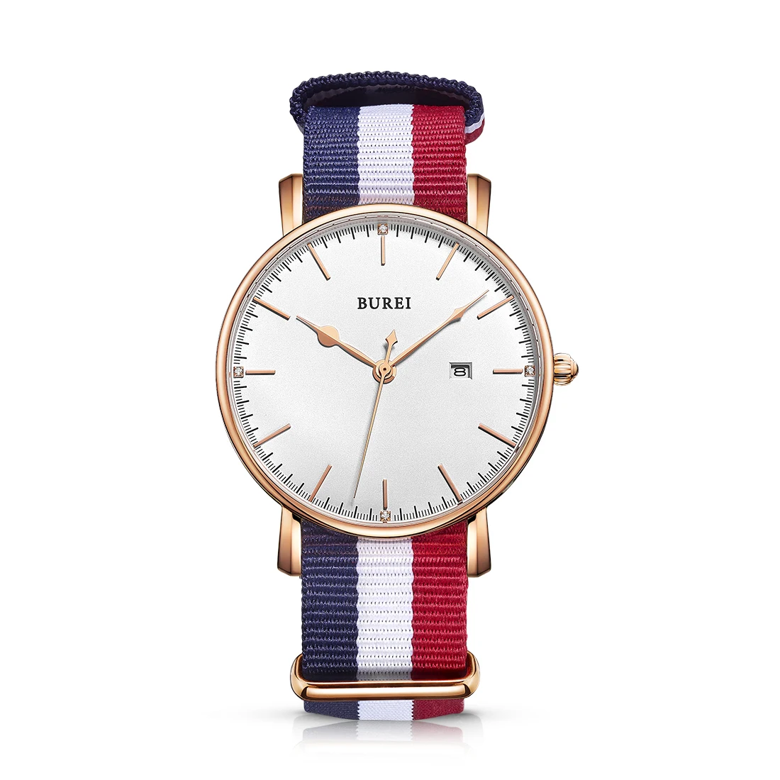 ФОТО BUREI 13002 Switzerland watches men luxury brand Women's Vive la France Date Quartz Watch with Nylon Strap and Rose Gold Accents