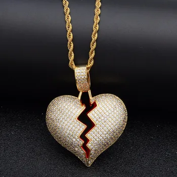 

Iced out Broken Love Heart shape Solid Pendant Necklace Men's Bling Cubic Zircon Gold Silver chain For women Hip hop Jewelry
