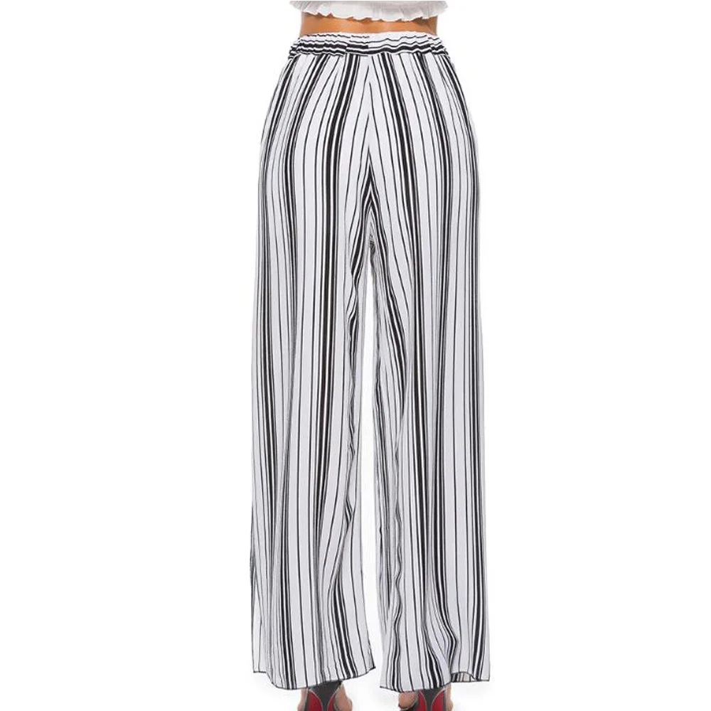 Sexy See Through Women Pants Striped Print High Waist Summer Trousers Loose Split Casual Chiffon Boho Beach Wide Leg Pants|Брюки |