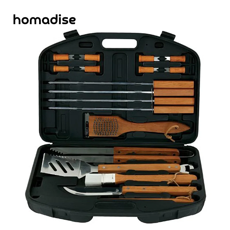 

Homadise BBQ Set Tools Oudoor Stainless-Steel Barbecue Set with Storage Case Fork Tongs Basting Brush Kewers18 Pieces