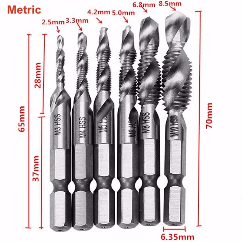 6 шт HSS зенковки сверла набор 1/" шестигранный хвостовик UNC или метрический кран с винтовой резьбой конический сверло M3 M4 M5 M6 M8 M10