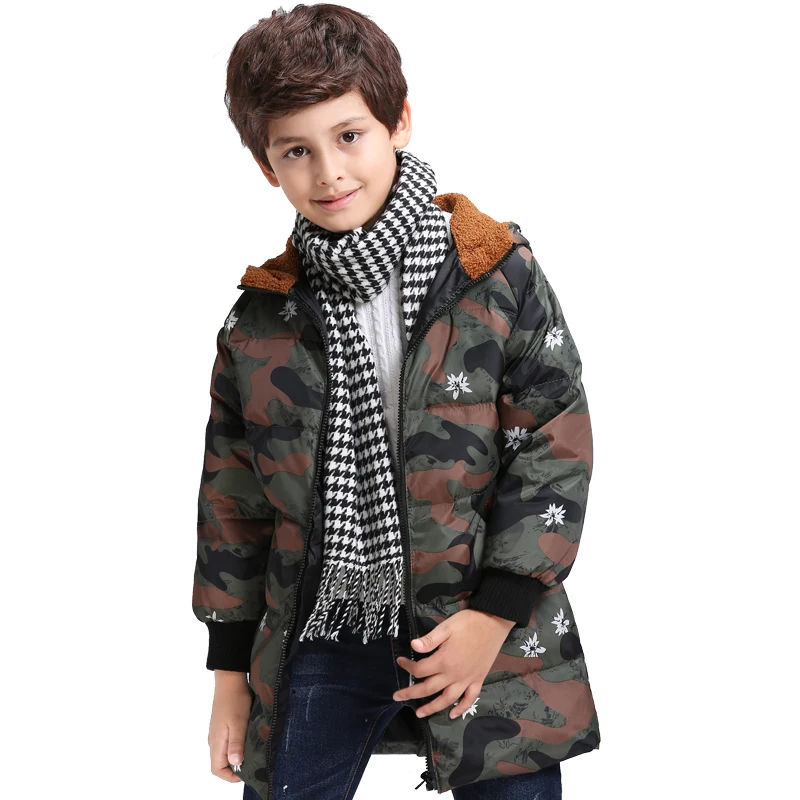 2018 для мальчиков и девочек зимнее теплое пальто Детская школа капюшоном Повседневное камуфляж пуховик модные детские хлопок-ватник