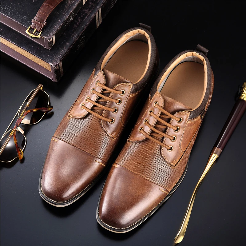 DESAI New Arrival Plus Size Shoes Men Genuine Leather Lace-up Embossed Business Dress Shoes Men's Formal Oxfords Shoes Flats