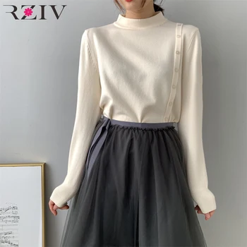 

RZIV Spring casual sweater female solid color high-necked long-sleeved sweater decorative buttons