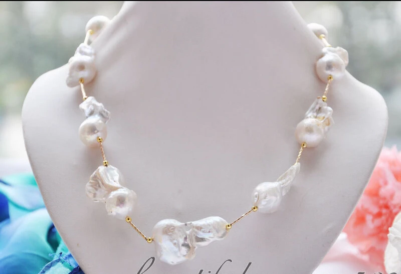 

HUGE 20" 35MM WHITE BAROQUE KESHI PEARL NECKLACE Magnet clsp AAA