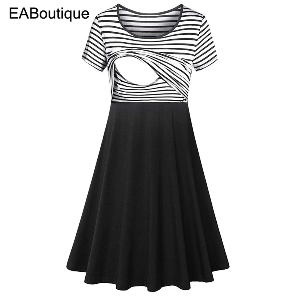 EABoutique maternity dresses Short sleeves round collar pleats and knee hem stretch  pregnancy dress Q0304
