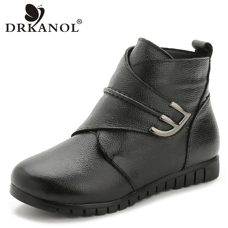 

DRKANOL 2018 Genuine Leather Women Winter Boots Hook Loop Non Slip Flat Thick Plush Fur Warm Snow Boots Women Ankle Boots