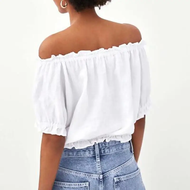 Blusas mujer de moda 2018 Женские топы и блузки белая рубашка с вырезом лодочкой корейские