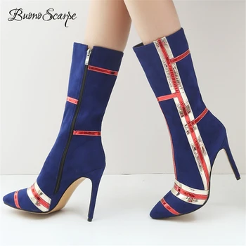 

BuonoScarpe Women Pointed Toe Thin High Heels Boots Side Zipper Striped Patchwork Mid-calf Botas Mujer Flock High Heel BootsChic