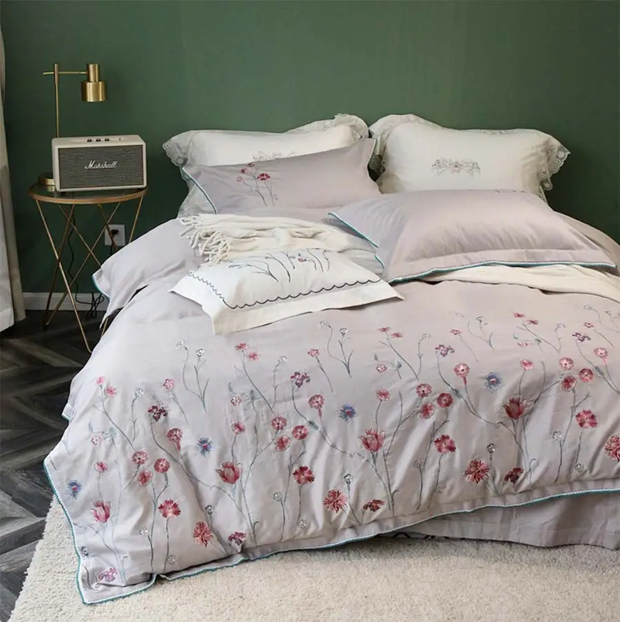 

Elegant embroidered double bedding set,full queen king cotton romantic flower home textile bed sheet pillow case duvet cover