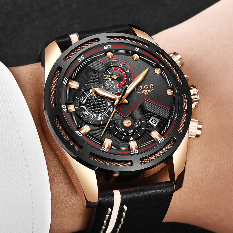 

LIGE Watch Men Fashion Sport Quartz Leather Clock Men Watches Top Brand Luxury Gold Business Waterproof Watch Relogio Masculino