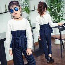 Детские Полосатые наряды для девочек-подростков, комплекты одежды с длинными рукавами школьные рубашки для девочек и брючные костюмы комплекты детской одежды больших размеров