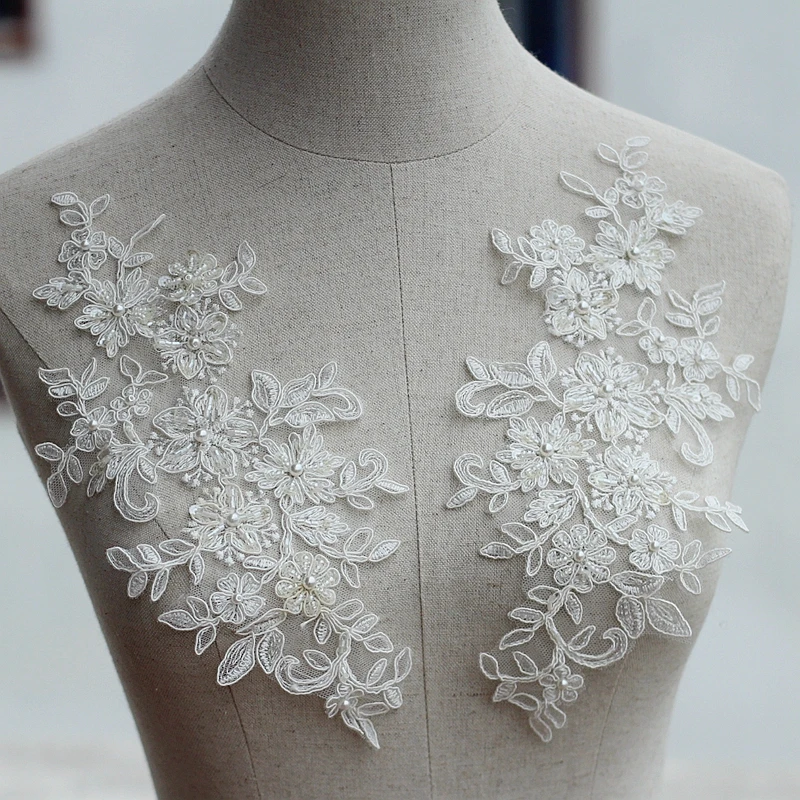 

Ivory Alencon Lace Applique Beaded Sequined Patch For Wedding Supplies Bridal Hair Flower Headpiece 2 piece