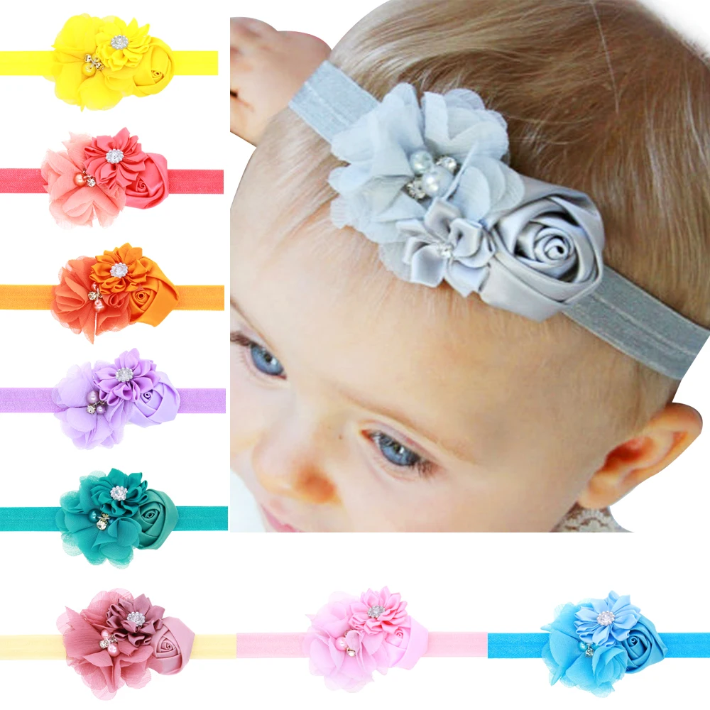 

2017 New Arrive Headband Flower hair Accessories Newborn diamond Rose Flower Chiffon elastic Bands Headbands Retail H114
