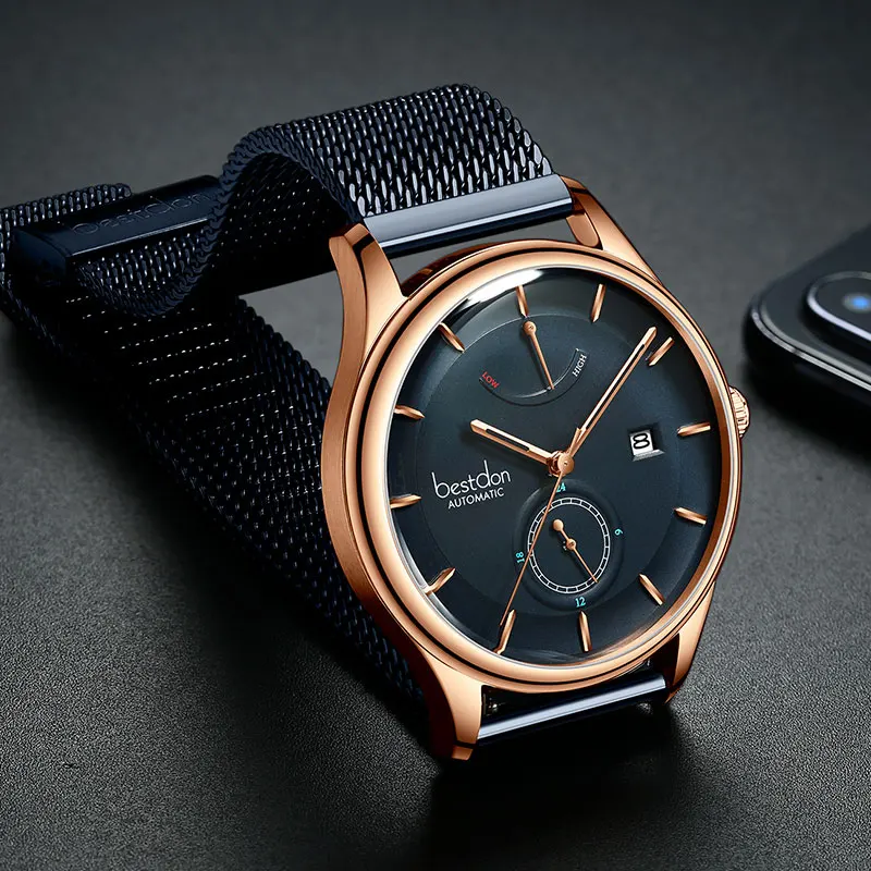 Мужские механические часы от швейцарского бренда Bestdon, японские импортные автоматические мужские роскошные часы с Т-образным ремешком из стали, водонепроницаемые новые - Цвет: Rose-blue