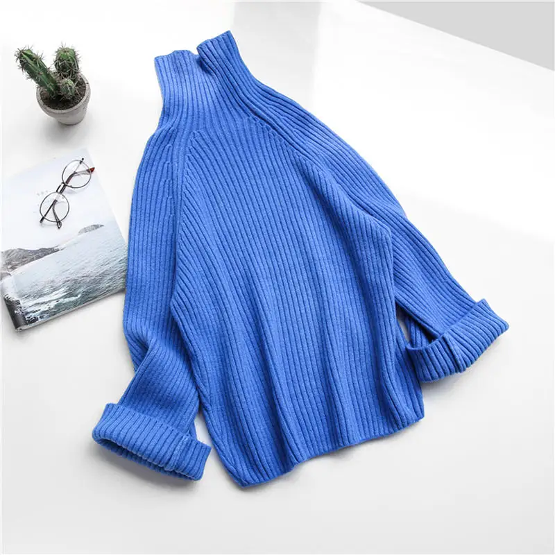 Свитер-водолазка яркого цвета для женщин на осень и зиму, Свободный пуловер, джемпер Sueter Mujer с расклешенными рукавами, вязаный свитер, пуловер C4795 - Цвет: blue