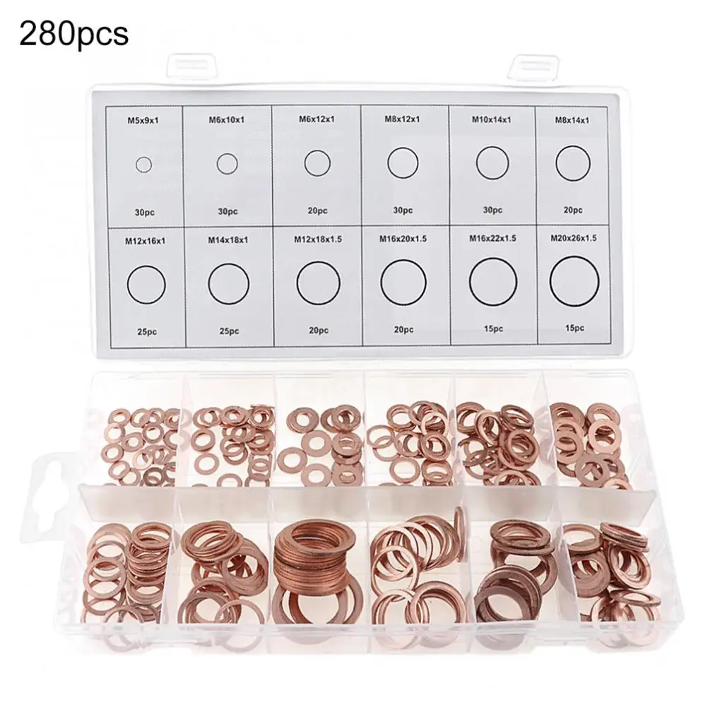 280pcs 12 Sizes and O type Mechanical Sealed Copper Washers Set for