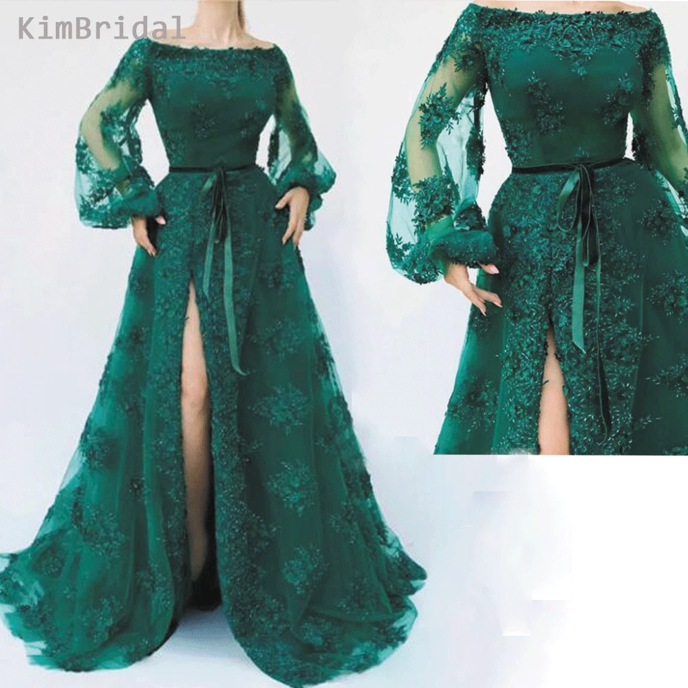 

Green Prom Dresses 2019 Scoop Neckline Long Sleeve A Line Side Slit Lace Evening Dresses Vestidos de Fiesta