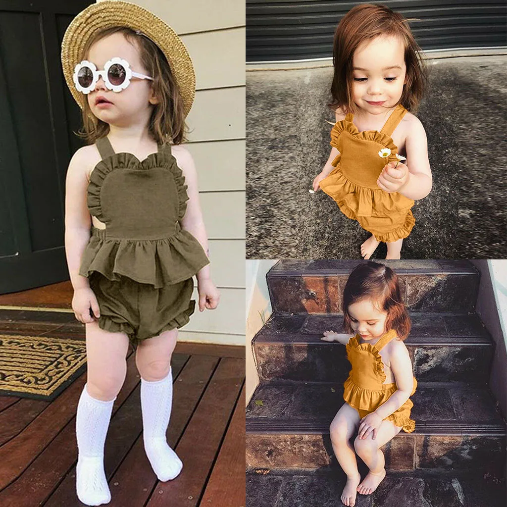 

Regualr Cotton Summer Fashion Baby Sets For Girls Square Neck Sleeveless Casual Solid Clothes And Shorts Children Girls Outfits