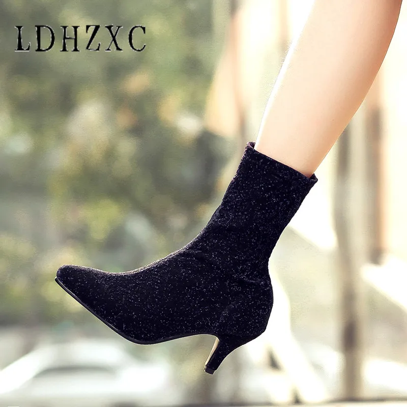 

LDHZXC 2019 Women Shoes Ankle Boots High Heel Winter Sock Boots Pointed Toe Stretch Platform Women Boots Size 34-48