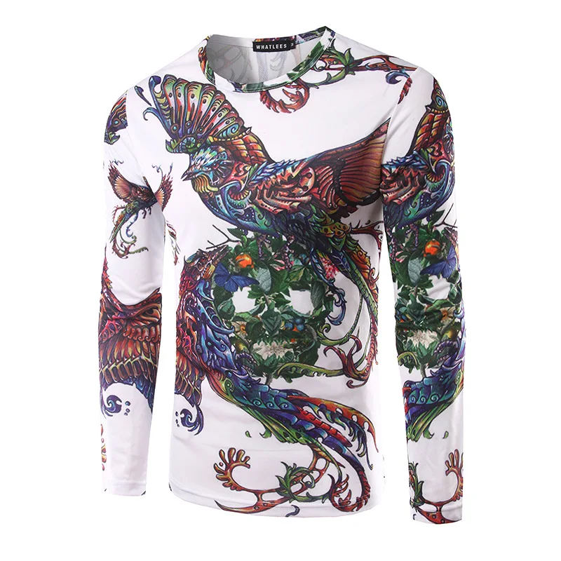 Colorful Phoenix Print T Shirts Mens White Long Sleeves Royal Style
