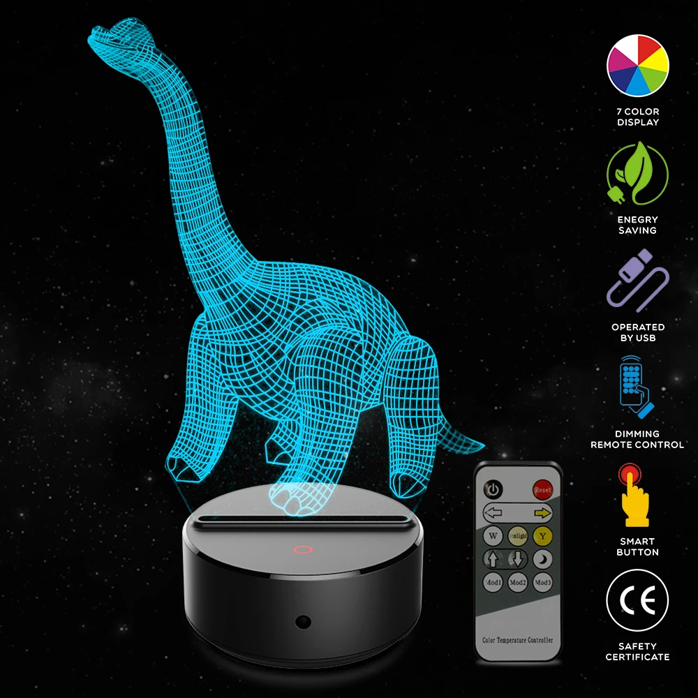 В форме динозавра 3D иллюзия Лампа 7 цветов Изменение сенсорный выключатель светодиодный ночник лампа настольная акриловая лампа