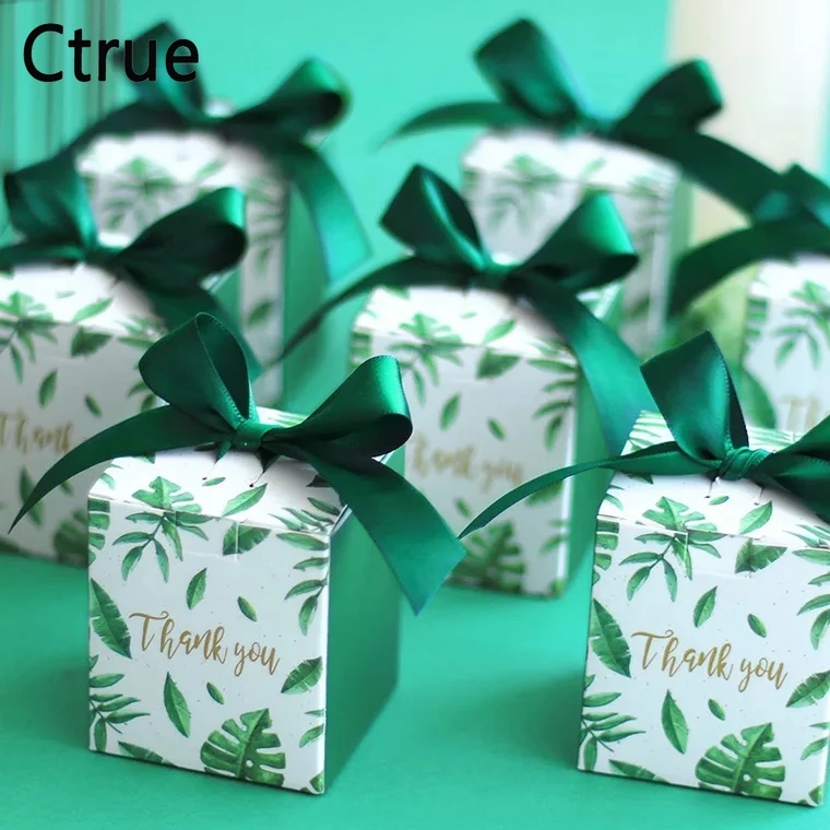 

50pcs/lot 6X6X7CM Thank you GREEN Candy Box with ribbon chocolate gift boxes wedding souvenirs wedding favors and gifts