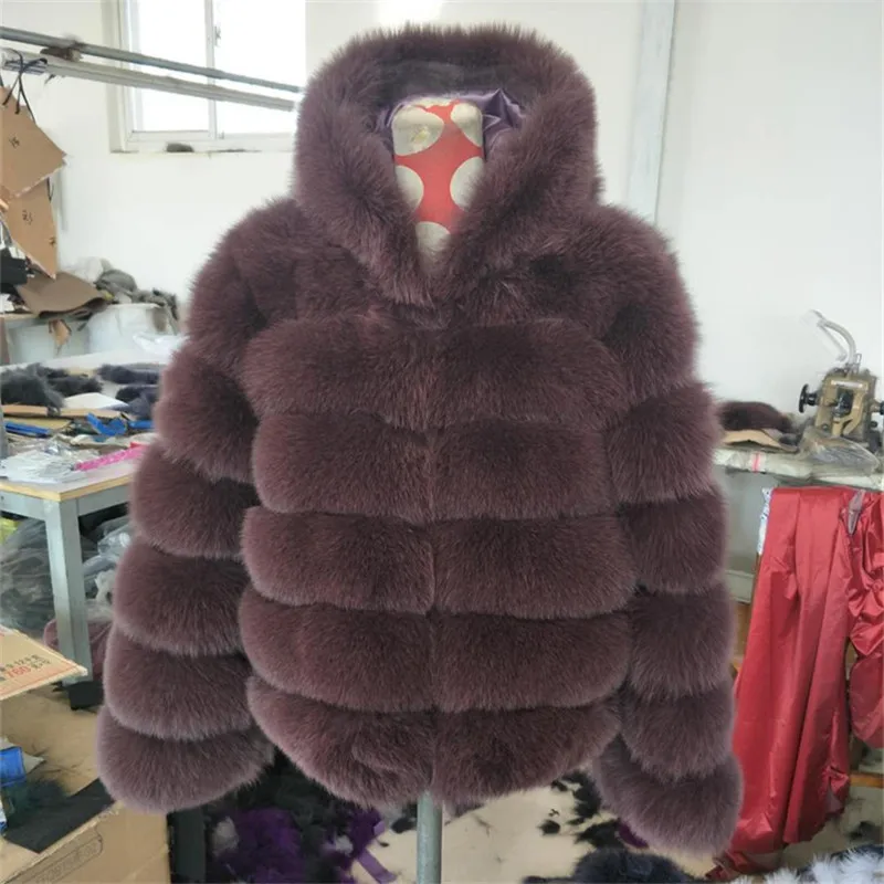 Real Fox Fur Women Strip Shape Coat with Hood and Stitching Sheep skin Autumn Winter Slim  Fox Fur Jacket